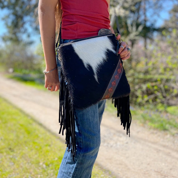 Cowhide Purse with Tooled Leather