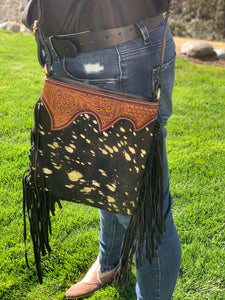 Fring and Tooled Leather Cowhide Purse