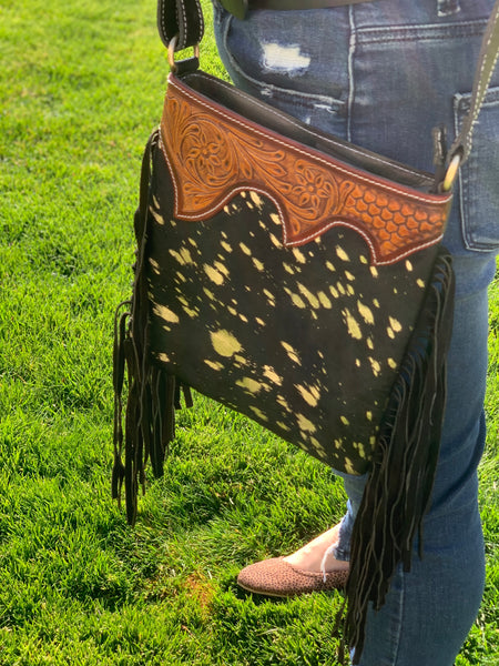 Fring and Tooled Leather Cowhide Purse